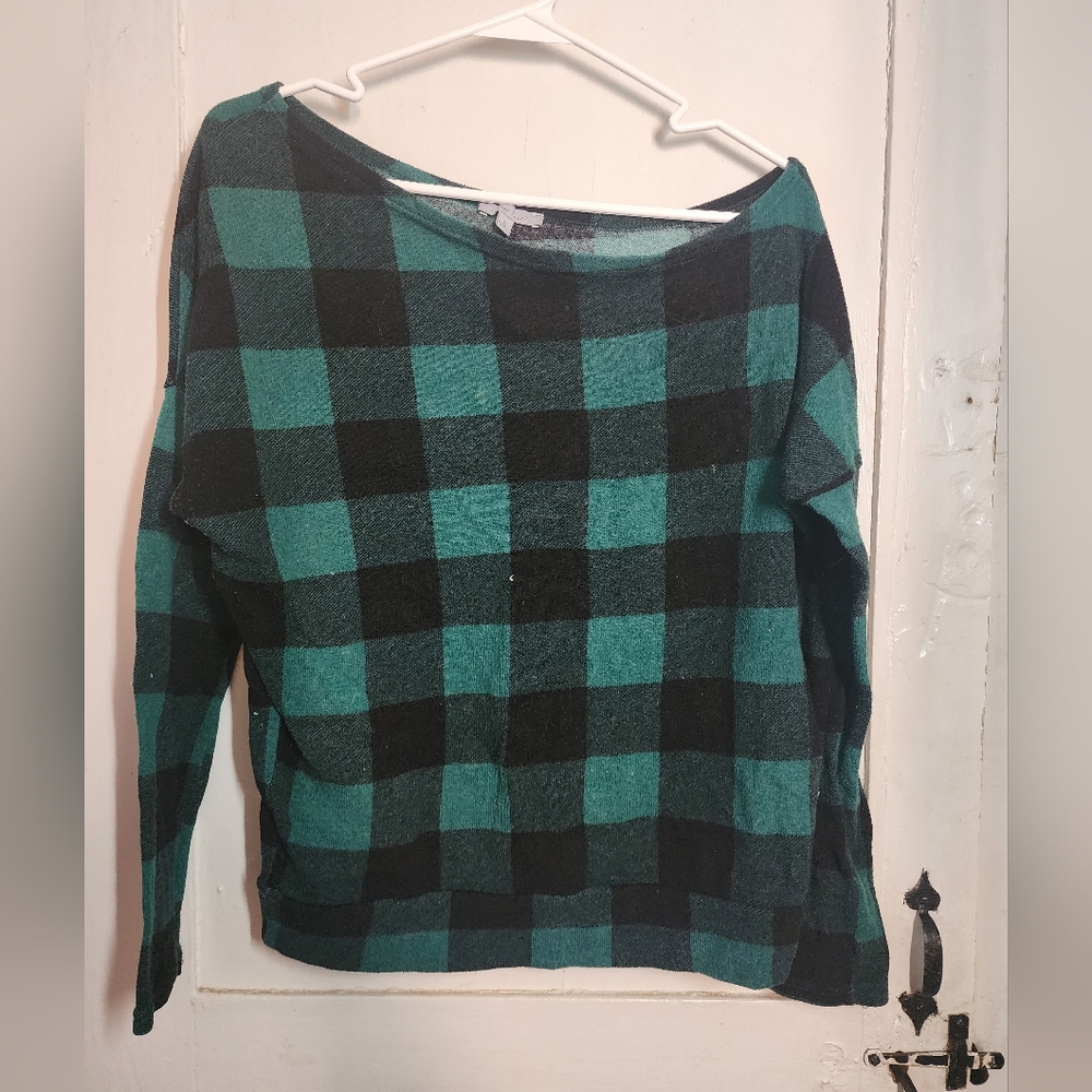 Off Shoulder, Green Plaid Shirt